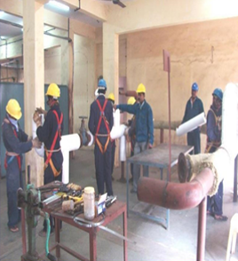 Workers with pipes and equipment